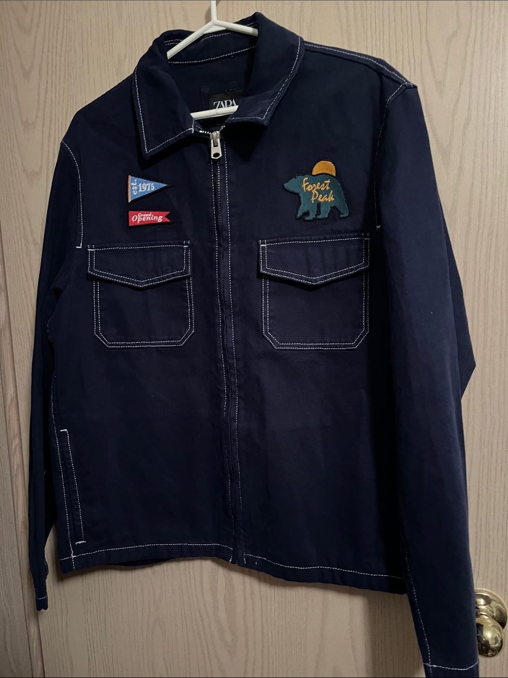 Zara Navy Zip-Up Jean Jacket with Patch Accents
